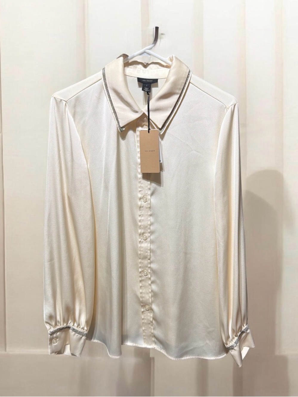 Halogen Antique White Satin Blouse with Contrast Trim